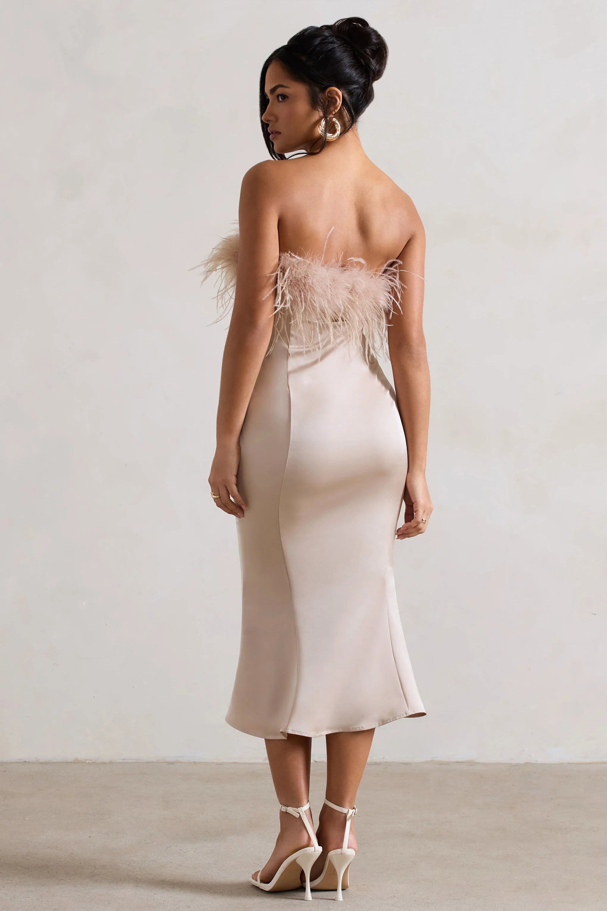 One And Only | Champagne Satin Feather Trim Midi Dress