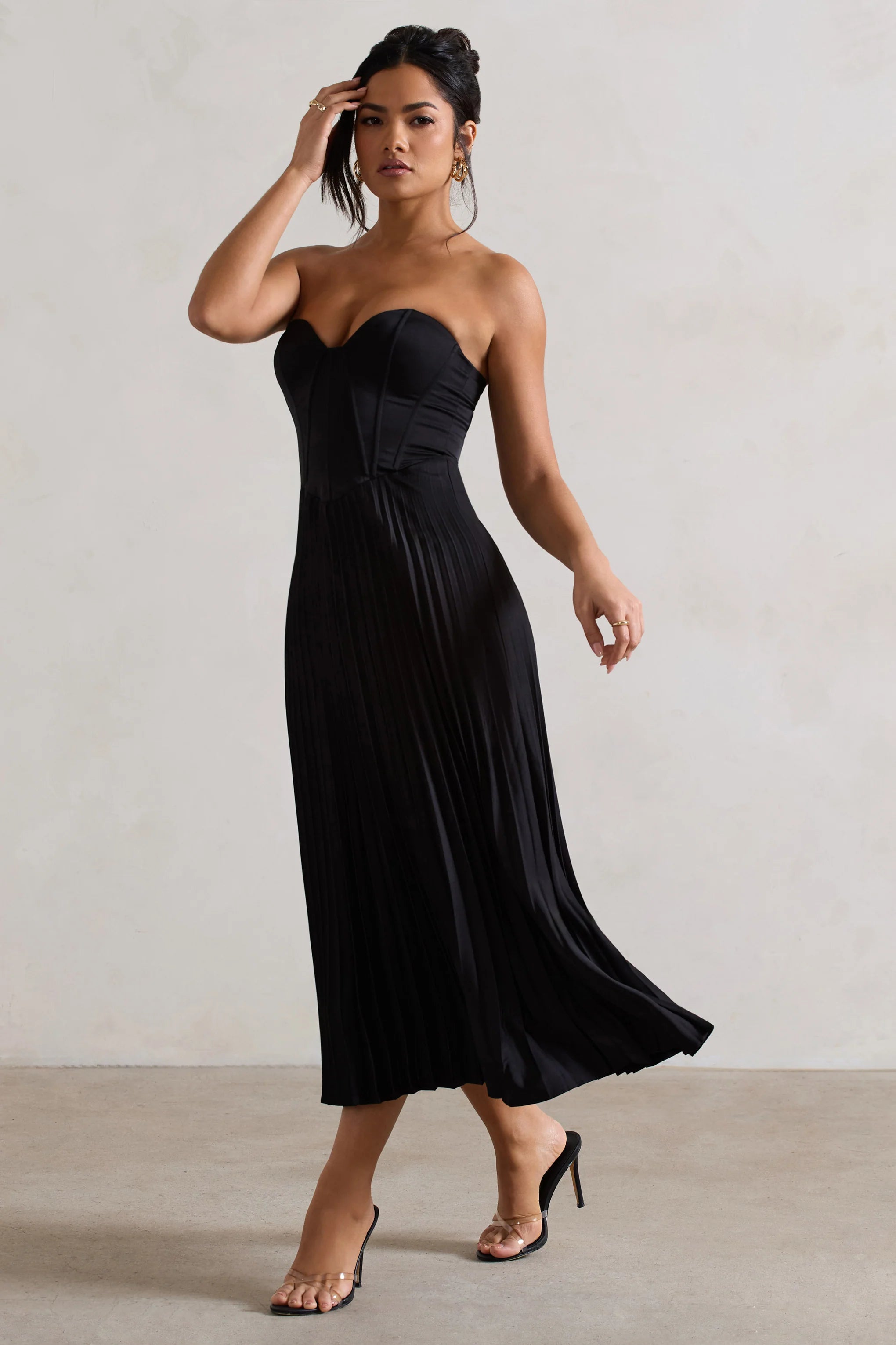 Bordeaux | Black Satin Corset Style Midi Dress