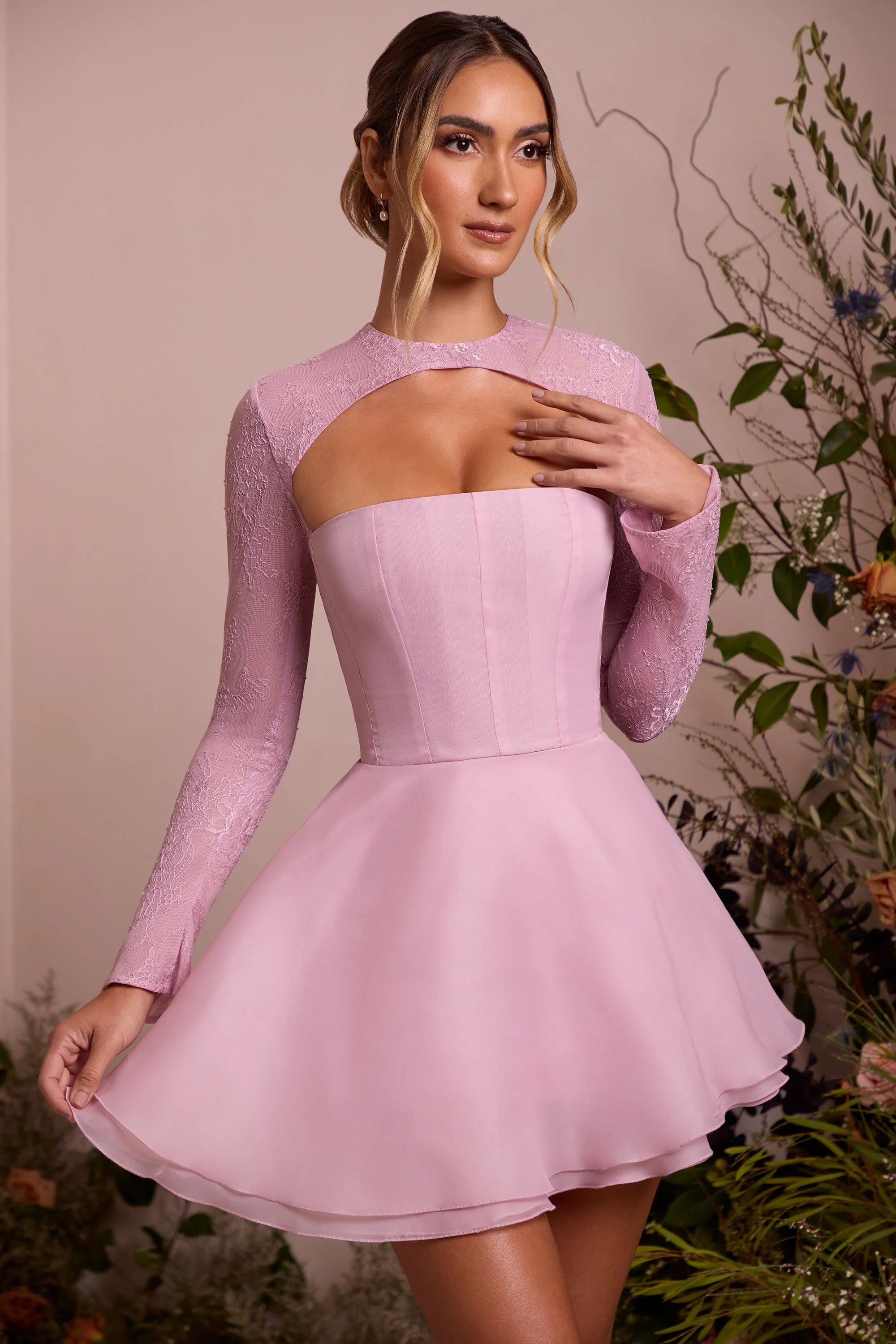 Long Sleeve Tulle Skirt Mini Dress in Dusty Pink