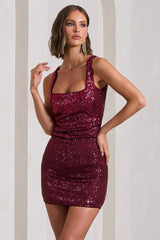 Glimmer | Plum Sequin Open-Back Bodycon Mini Dress