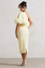 Victory | Lemon One Shoulder Midi Dress With Feather Trim