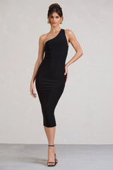 Vineyard | Black Asymmetric Backless Bodycon Midi Dress