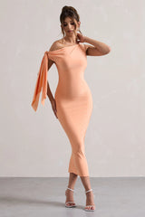 Adapt | Coral Asymmetric Midi Dress With Tie Sleeve