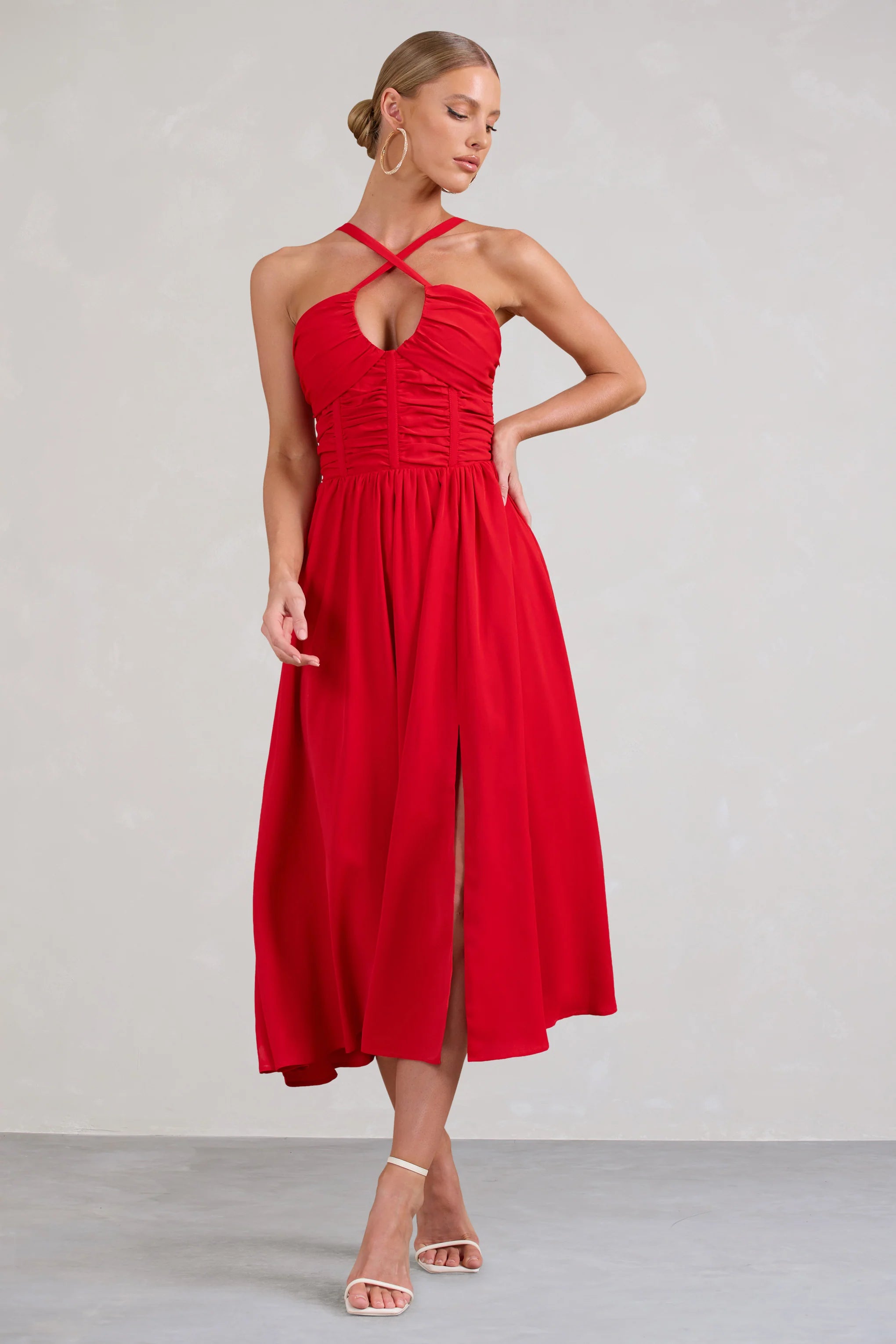 Lady Loren | Red Ruched Cross-Strap Split Midi Dress