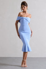 Lydia | Sky Blue Bardot Bow Detail Midi Dress