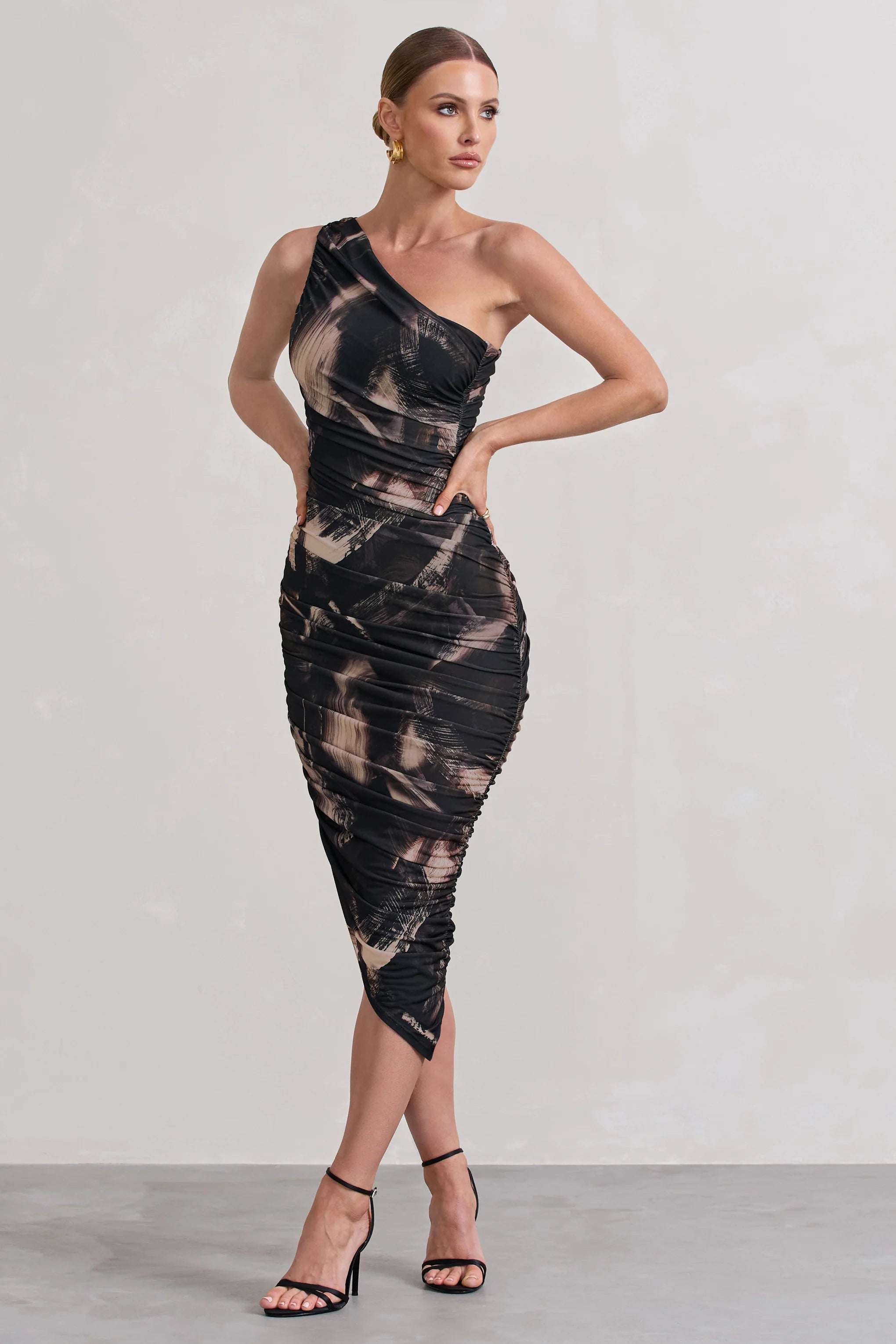 Dorit | Brown Print One Shoulder Asymmetric Ruched Midi Dress