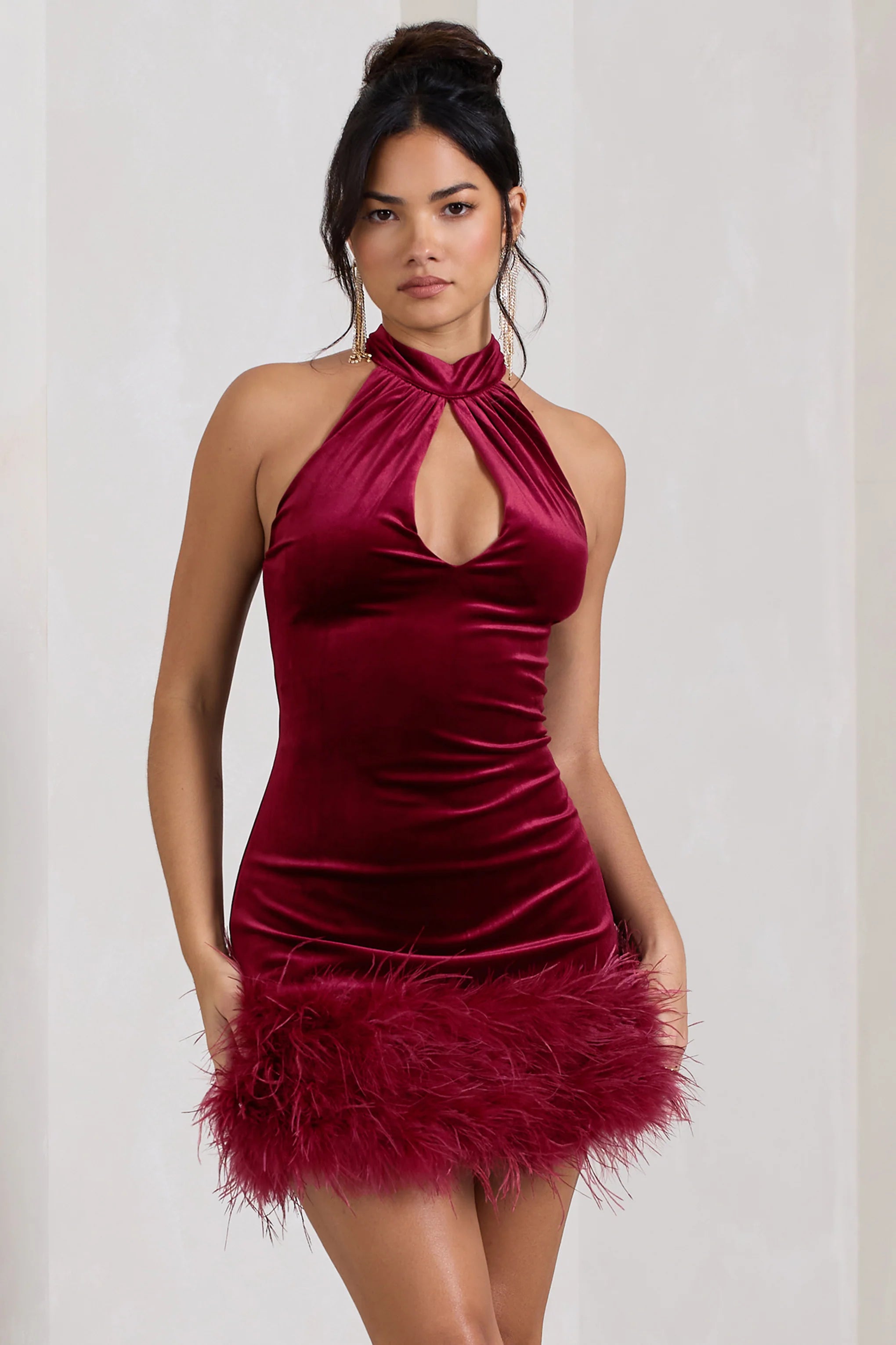 Tillie | Berry Velvet High Neck Trapeze Mini Dress With Feather Hem Detail