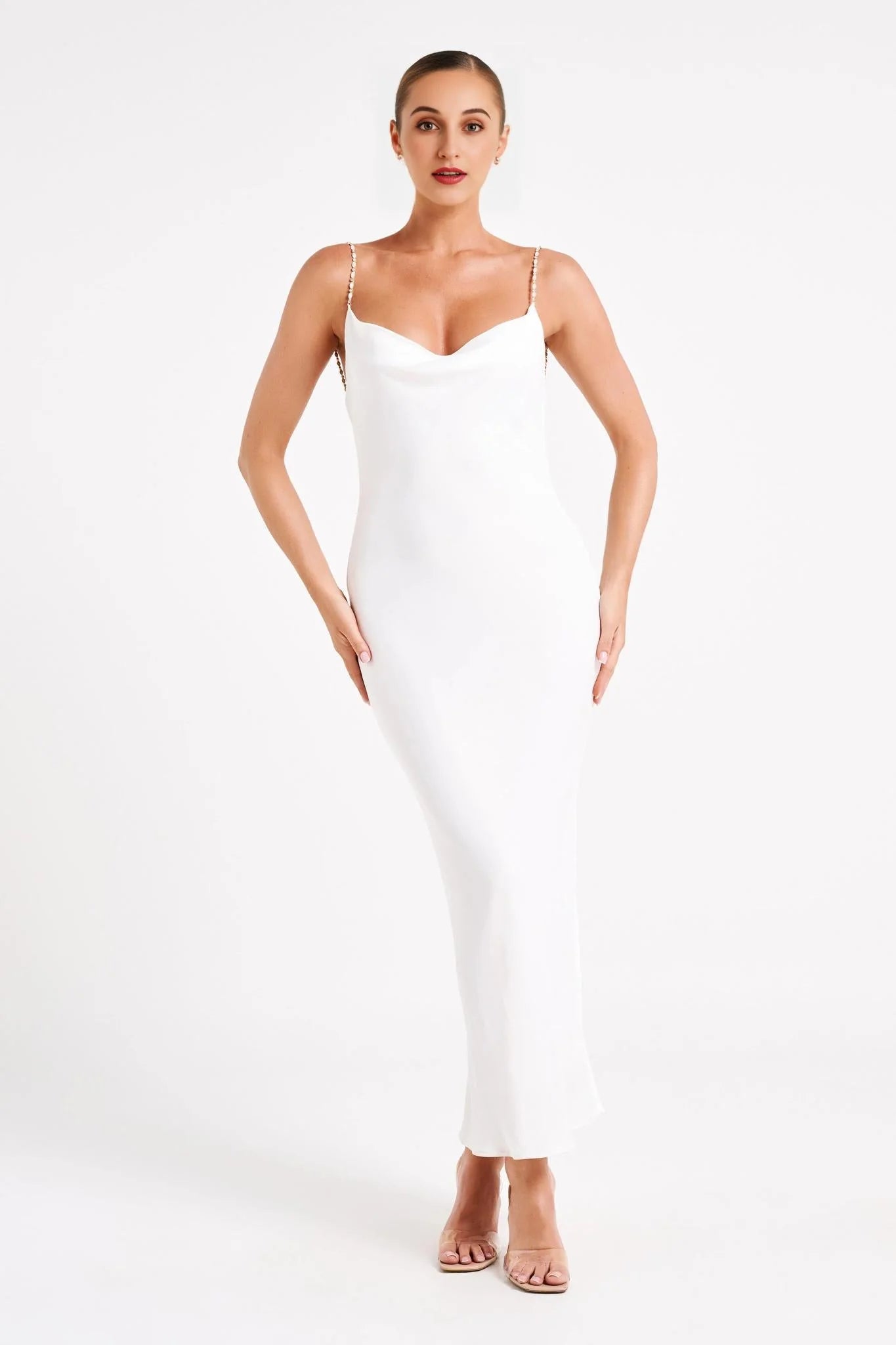 Adela Cowl Midi Dress With Pearl Trim - White