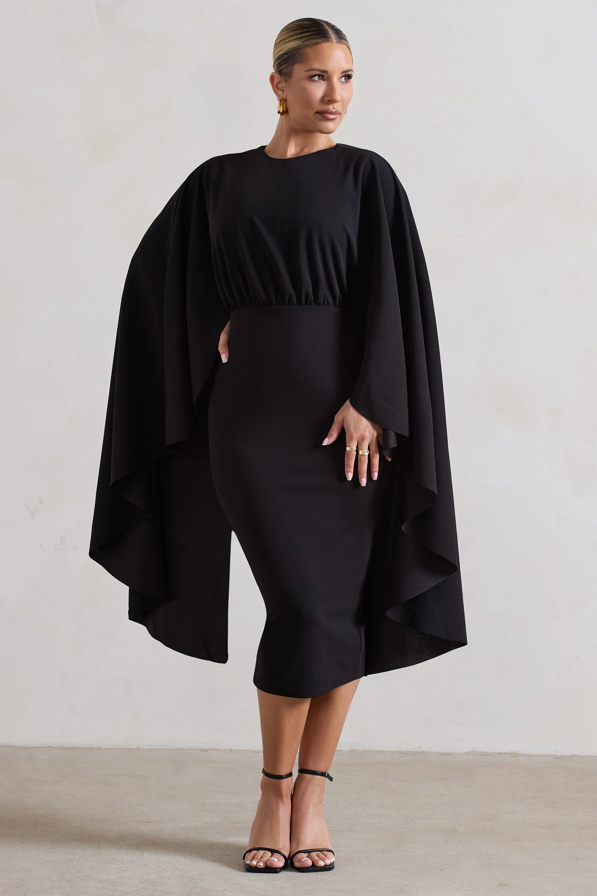 Tranquility | Black Gathered Midi Dress With Cape