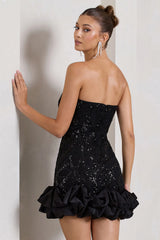 Nadia | Black Sequin Strapless Mini Dress With Ruffle Trim