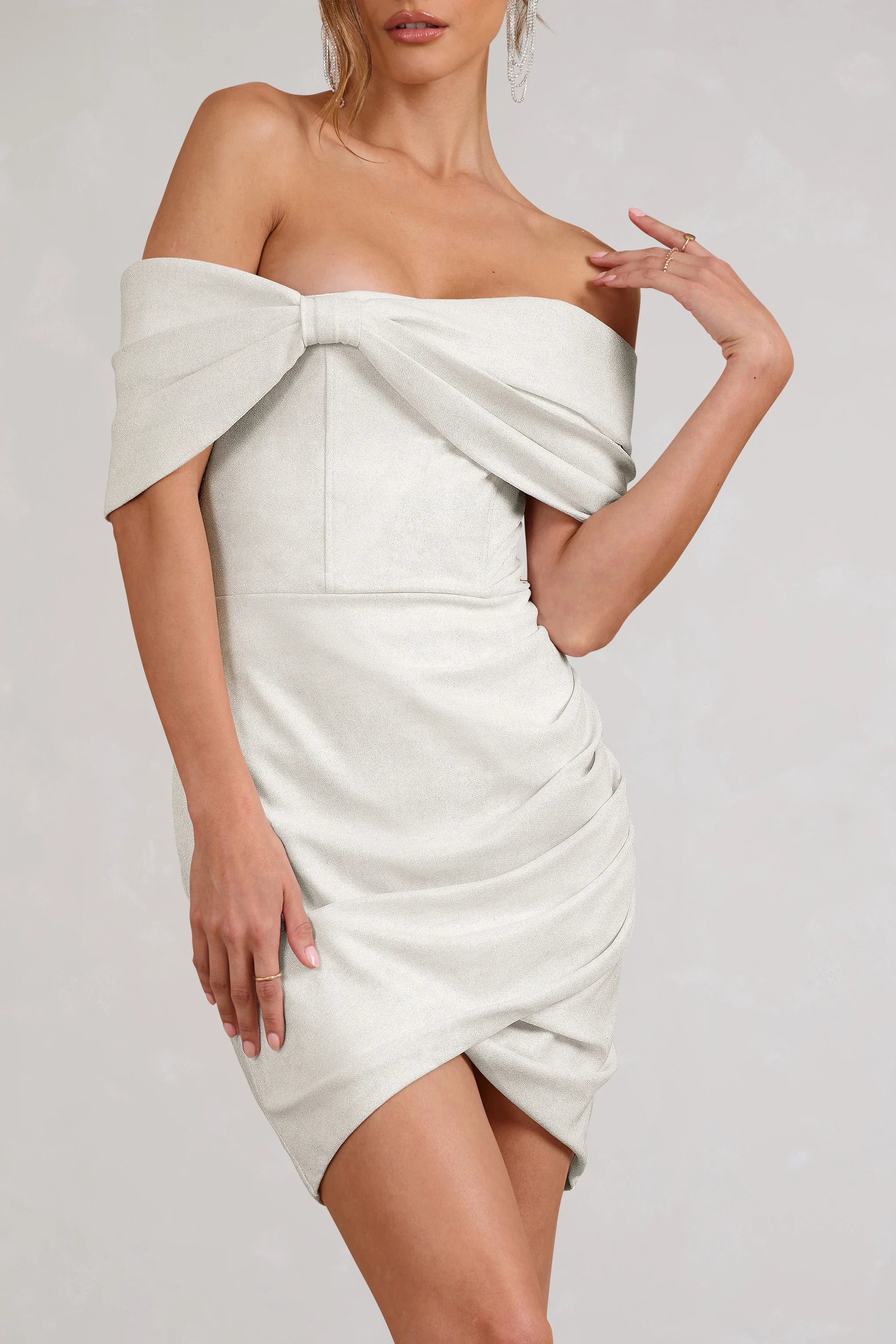 Snowdrop | White Glitter Bardot Wrap Mini Dress