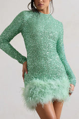 Claudia | Mint Sequin High Neck Feather Hem Mini Dress With Long Sleeves