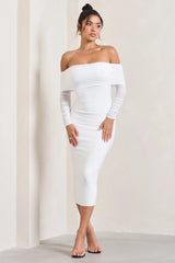 Only You | Ivory Ruched Mesh Bardot Midi Dress