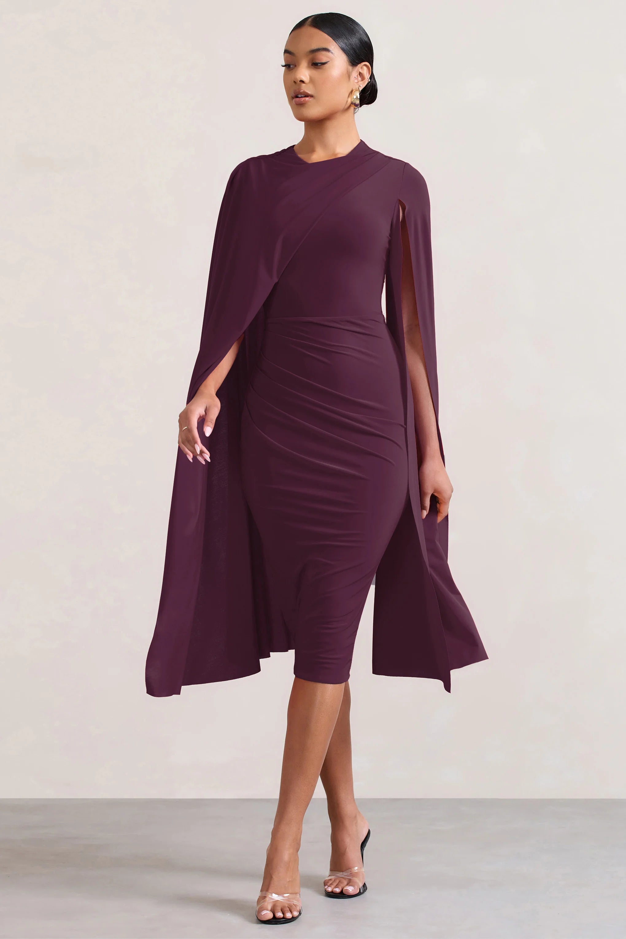 Marysol | Plum Asymmetric Cape Midi Dress