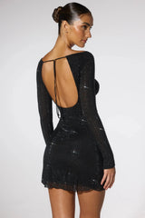 Embellished Corset Open Back Long Sleeve Mini Dress in Black