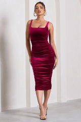 Cora | Berry Velvet Square-Neck Bodycon Midi Dress