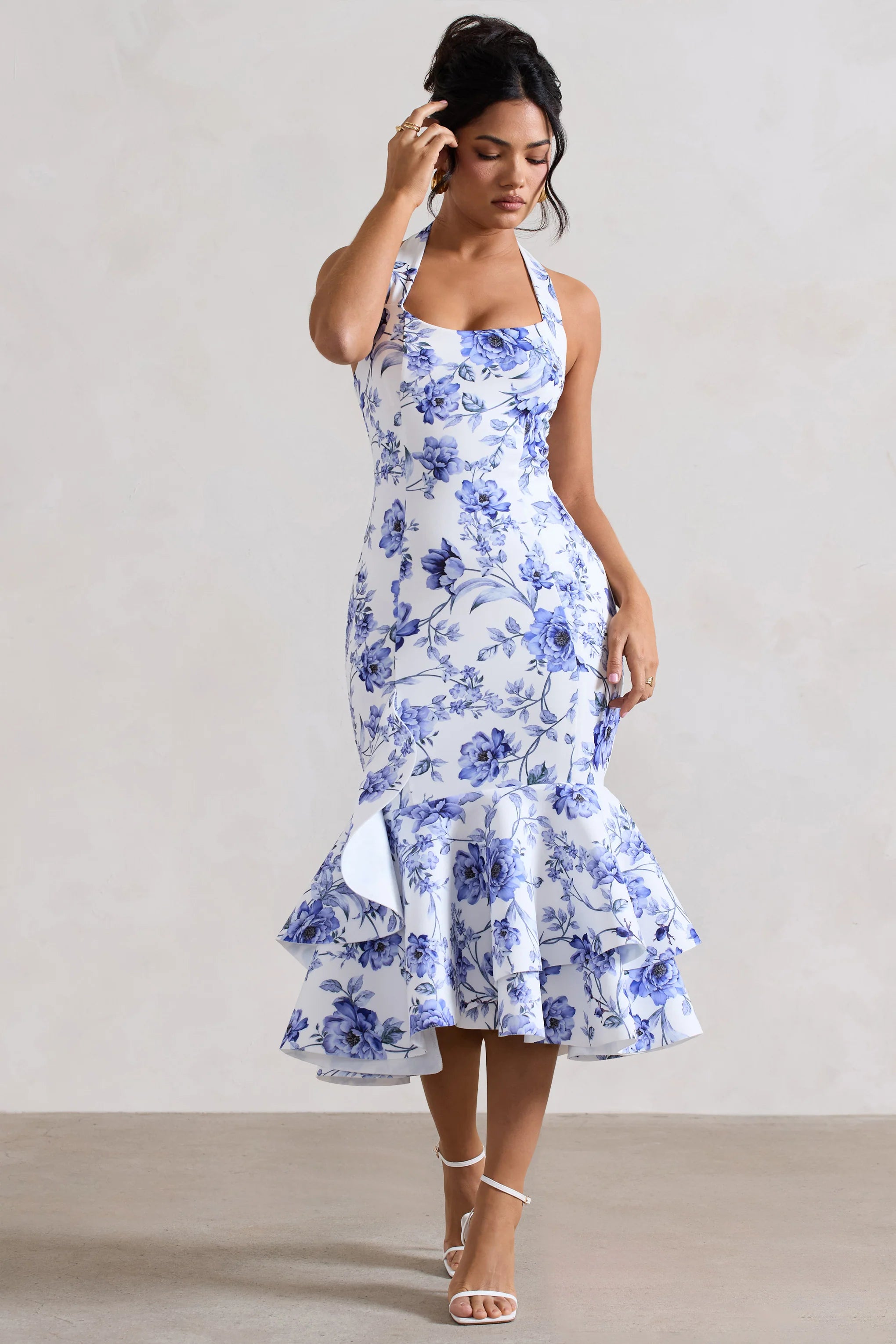 Arla | Blue Floral Print Halter-Neck Ruffle Trim Midi Dress