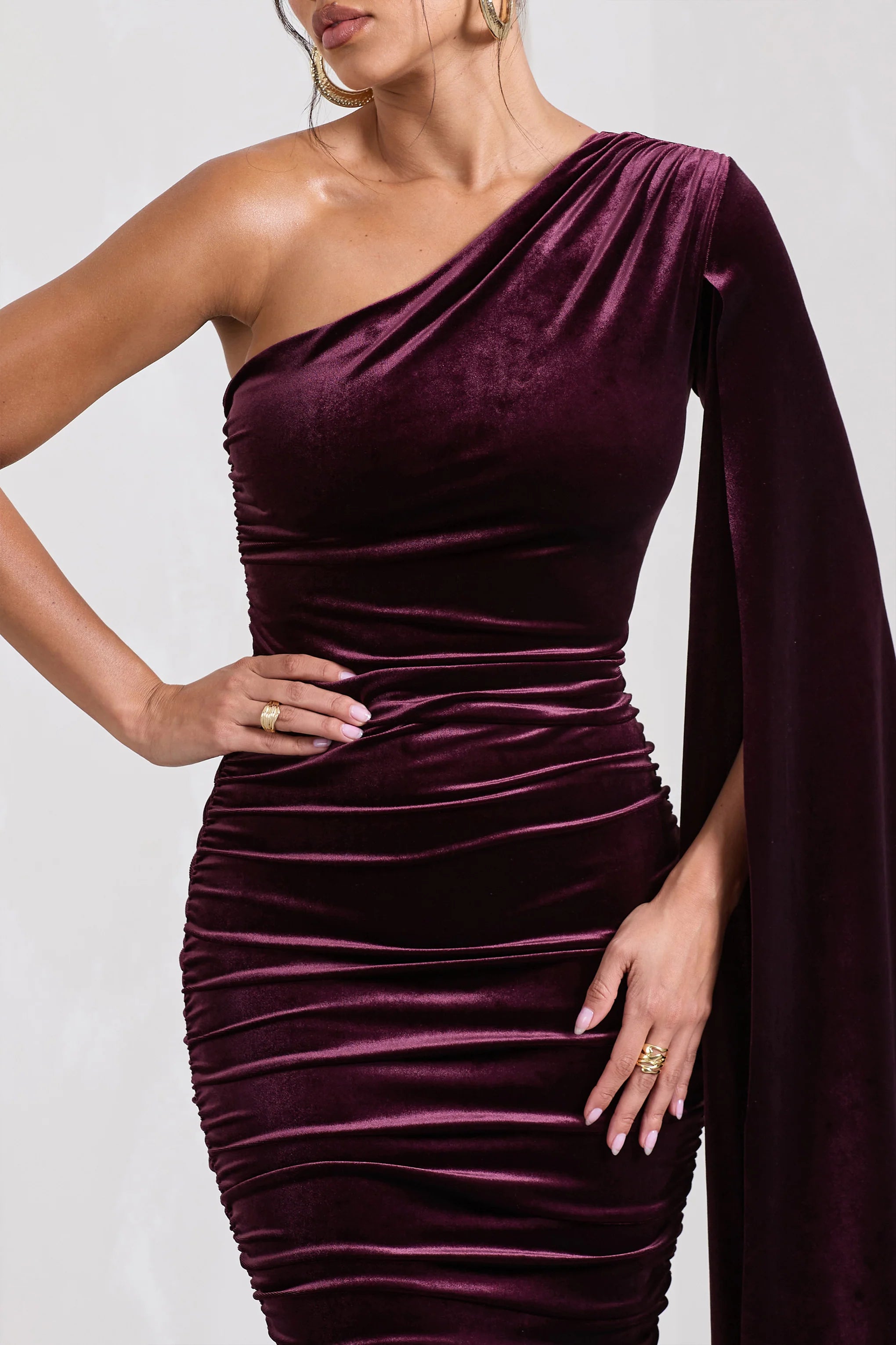 Gianna | Port Velvet One Shoulder Cape Bodycon Midi Dress