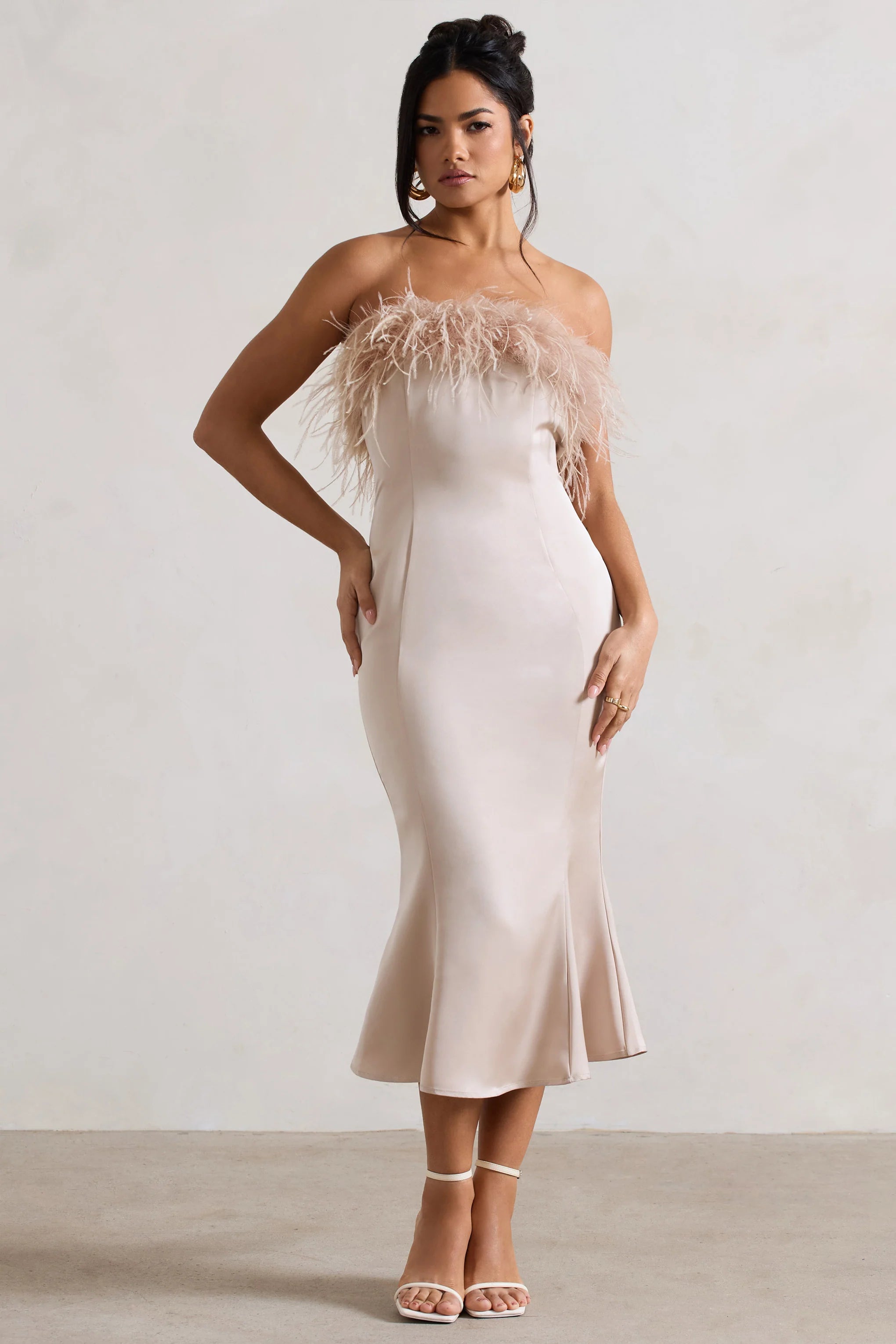 One And Only | Champagne Satin Feather Trim Midi Dress