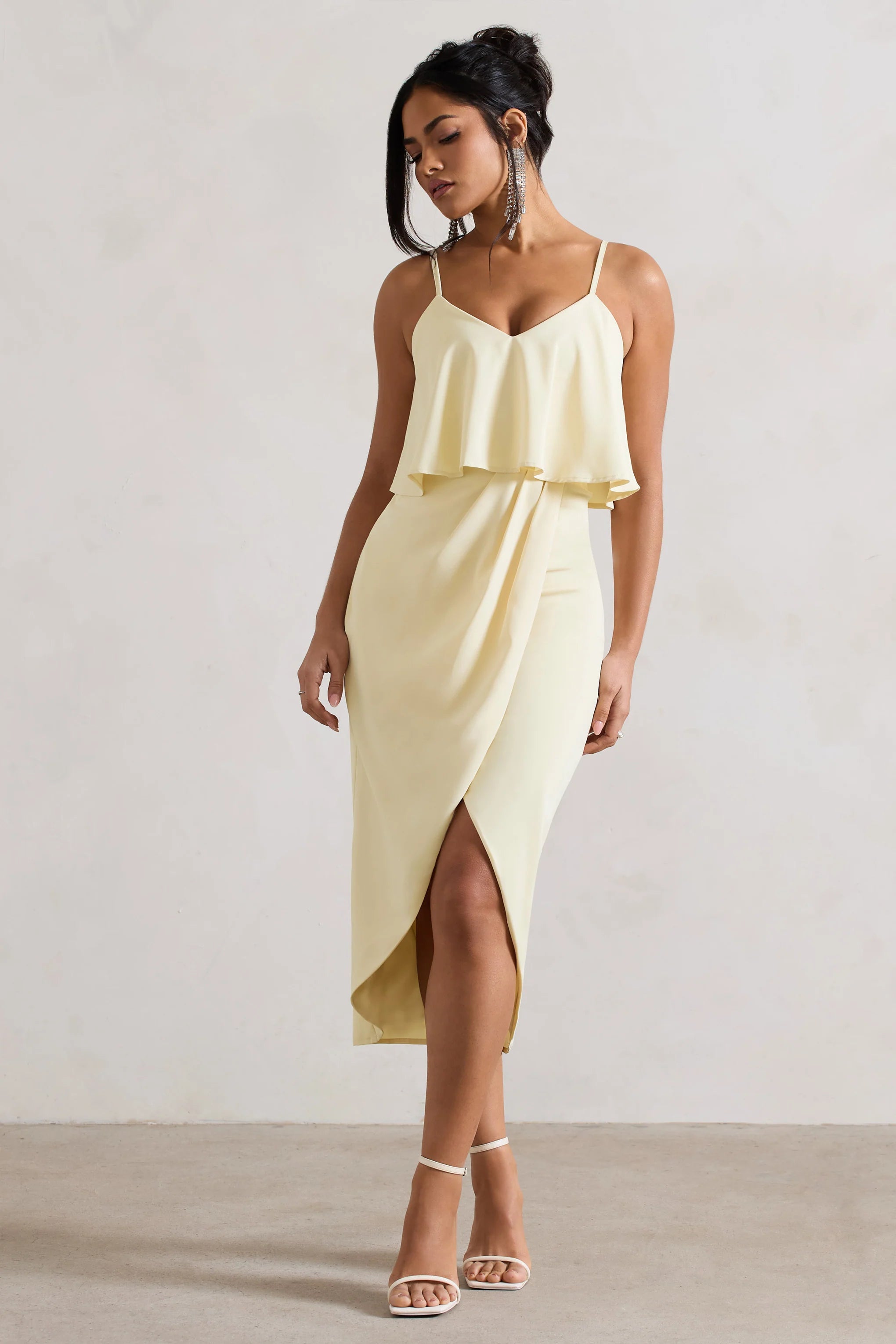 Faro | Lemon Strappy Draped-Neck Wrap Midi Dress