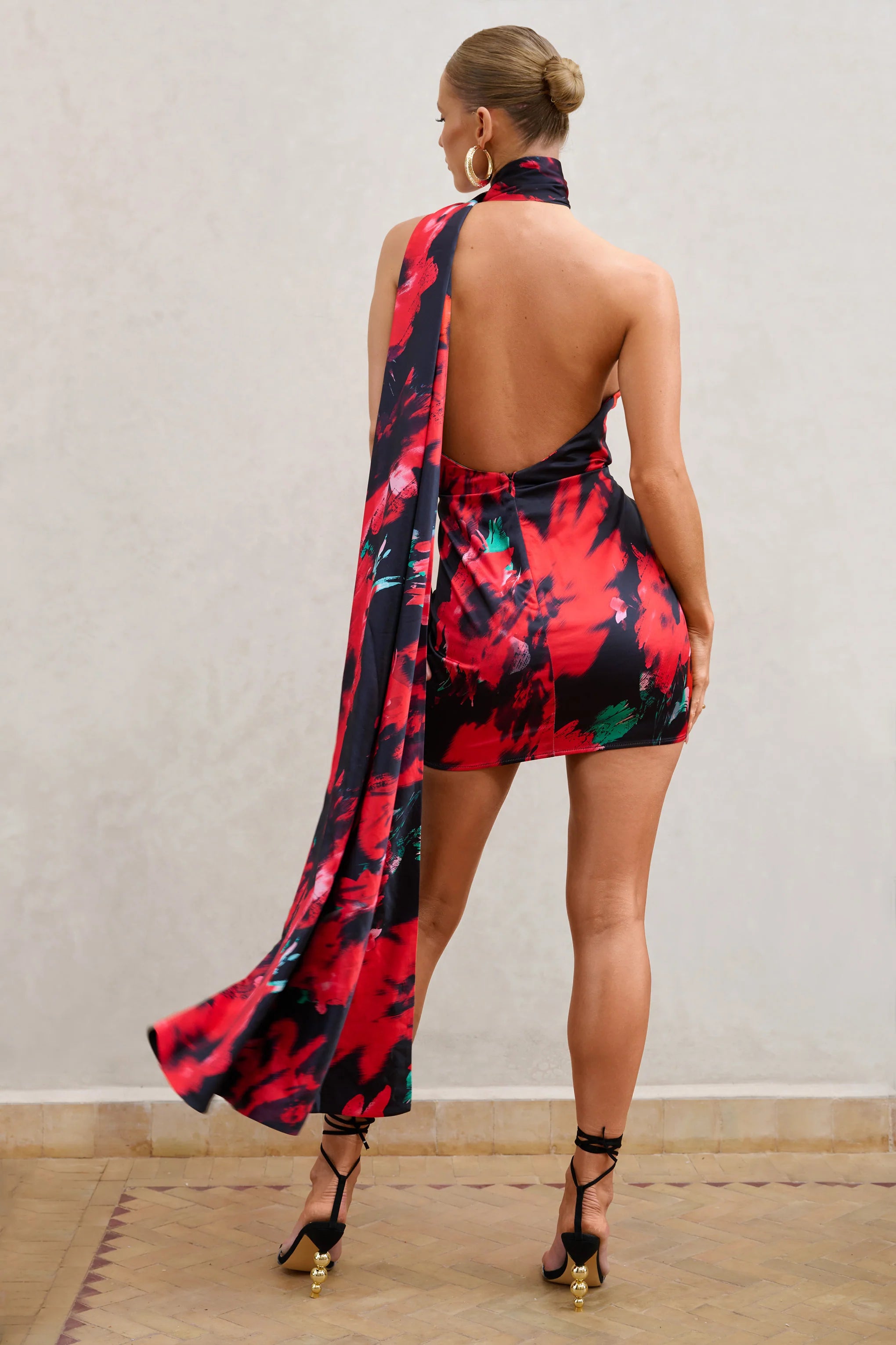 Nasira | Black Floral Asymmetric Neck Open Back Mini Dress With Scarf Detail