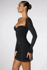 Embellished Corset Open Back Long Sleeve Mini Dress in Black