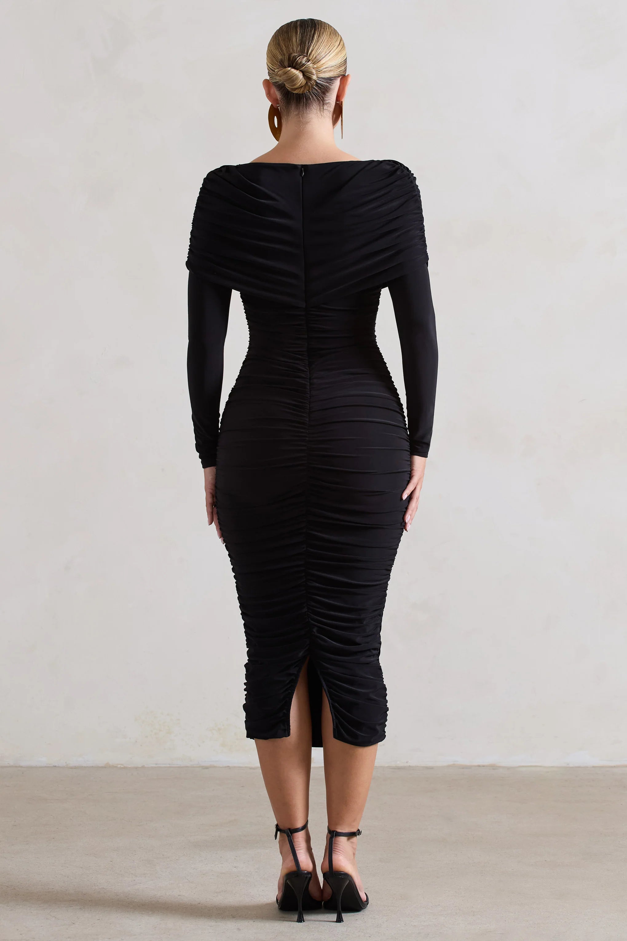 Lea | Black Long Sleeve Ruched Midi Dress with Draped Bardot Overlay