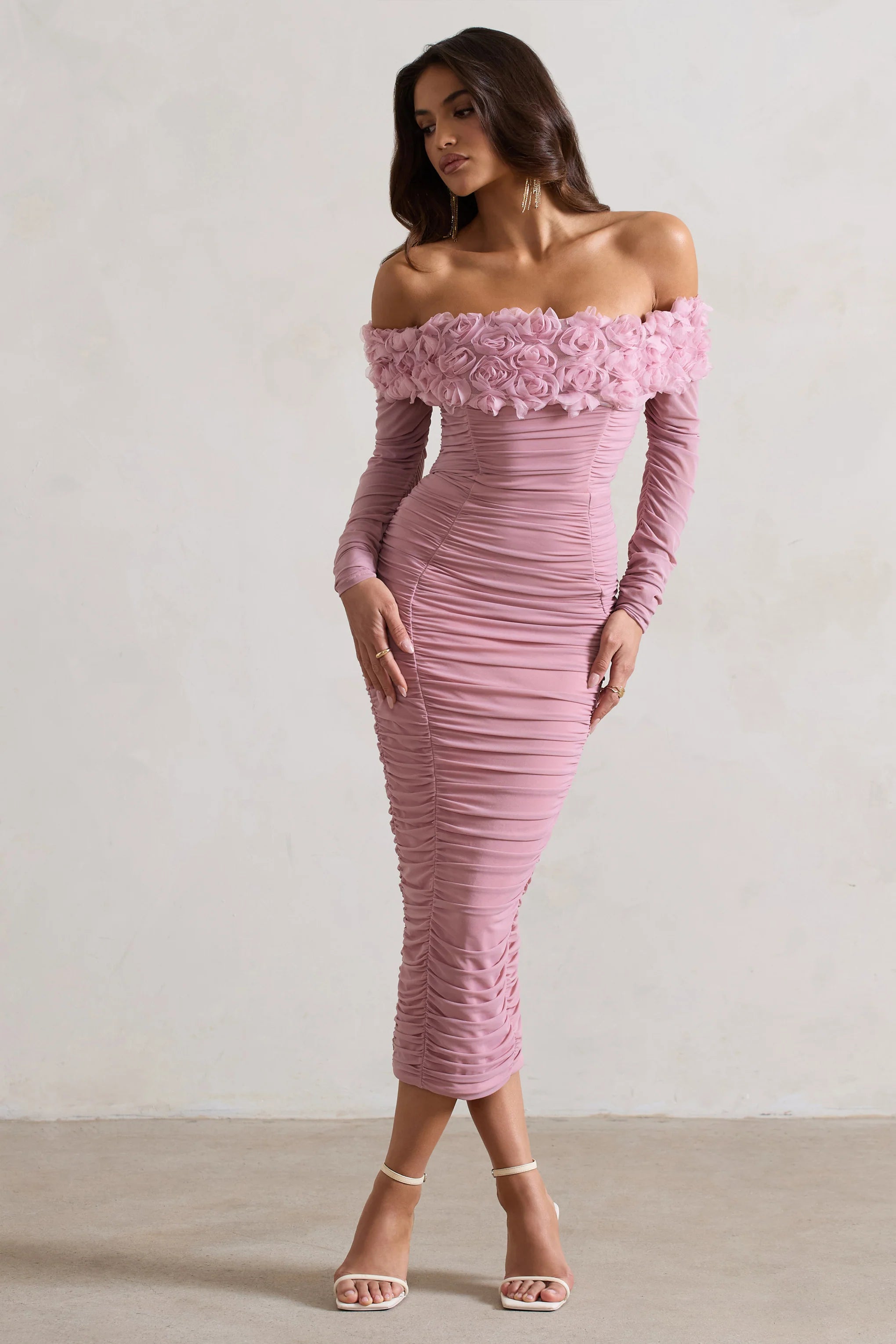 Sierra | Pink Mesh Ruched Floral Bardot Lace-Up Midi Dress