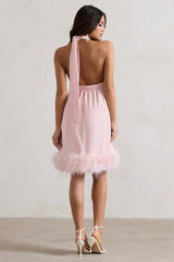 Femme | Pink Halter-Neck Smock Mini Dress With Feather Hem