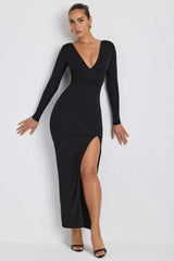 Modal Plunge Neck Long Sleeve Maxi Dress in Black