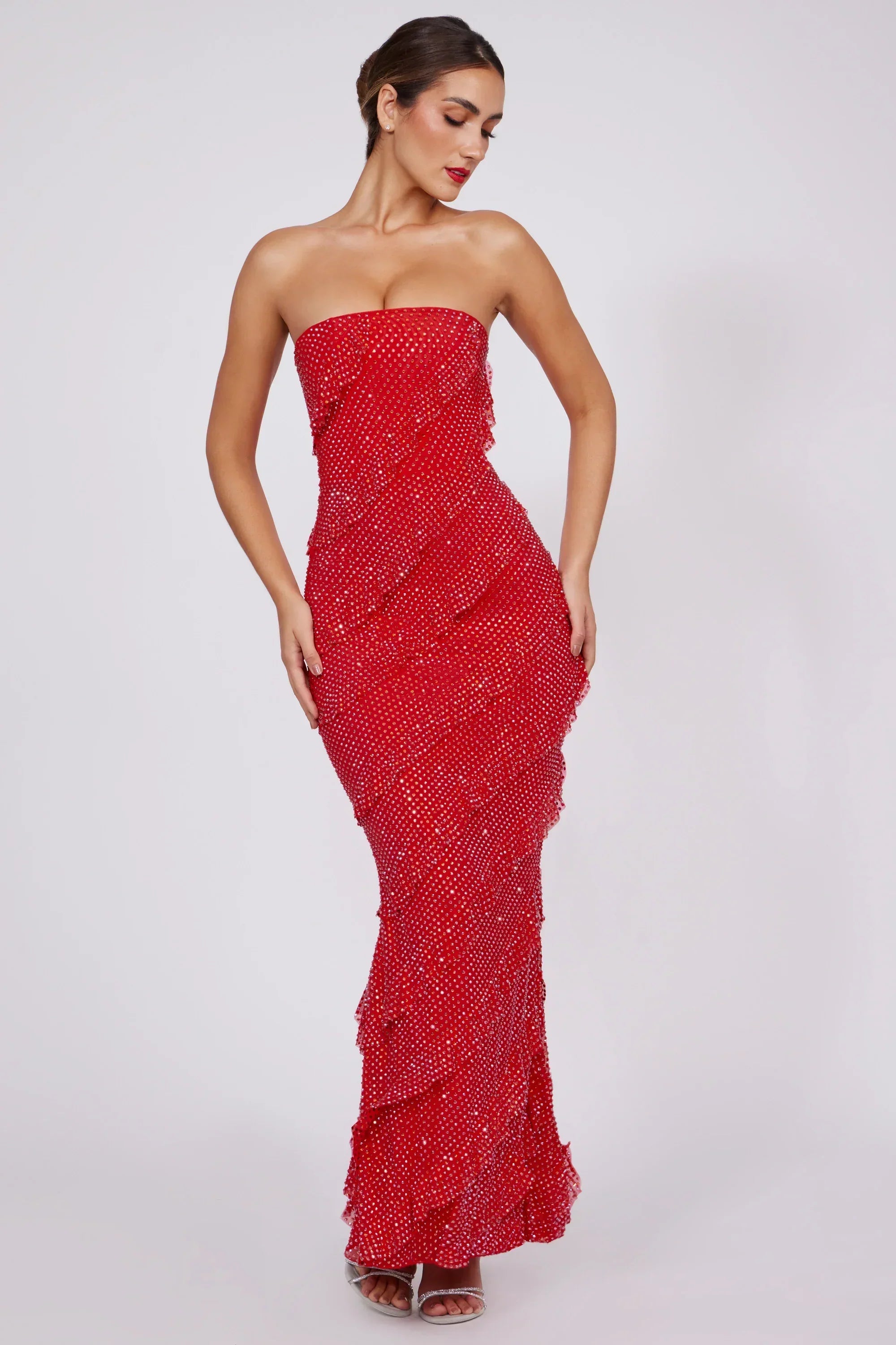 Embellished Strapless Ruffle Maxi Dress in Fire Red