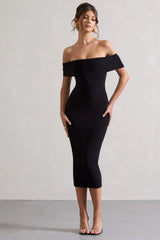 Averie | Black Bodycon Bardot Midi Dress