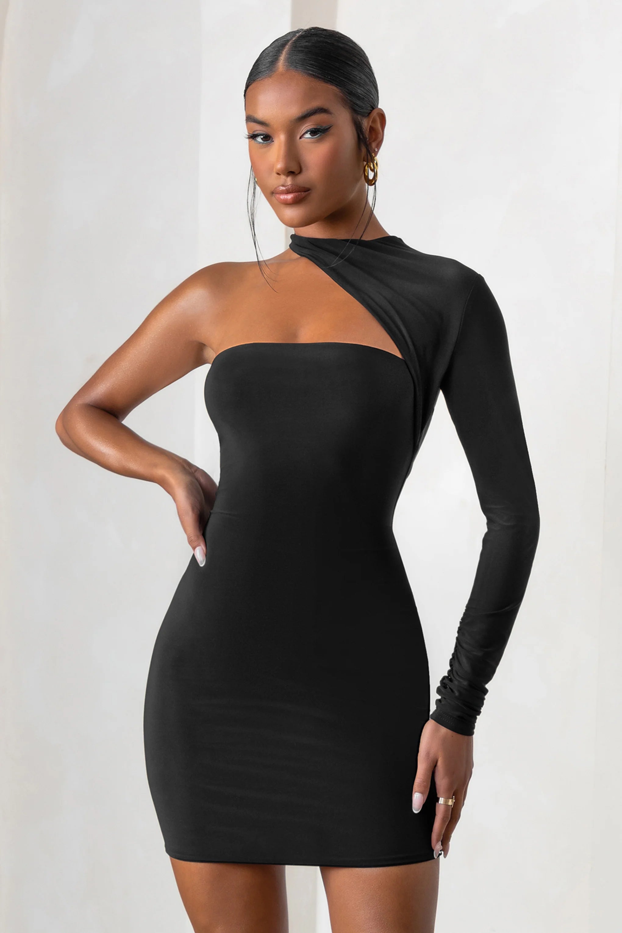 Perfect Touch | Black One Shoulder Long Sleeve Mini Dress