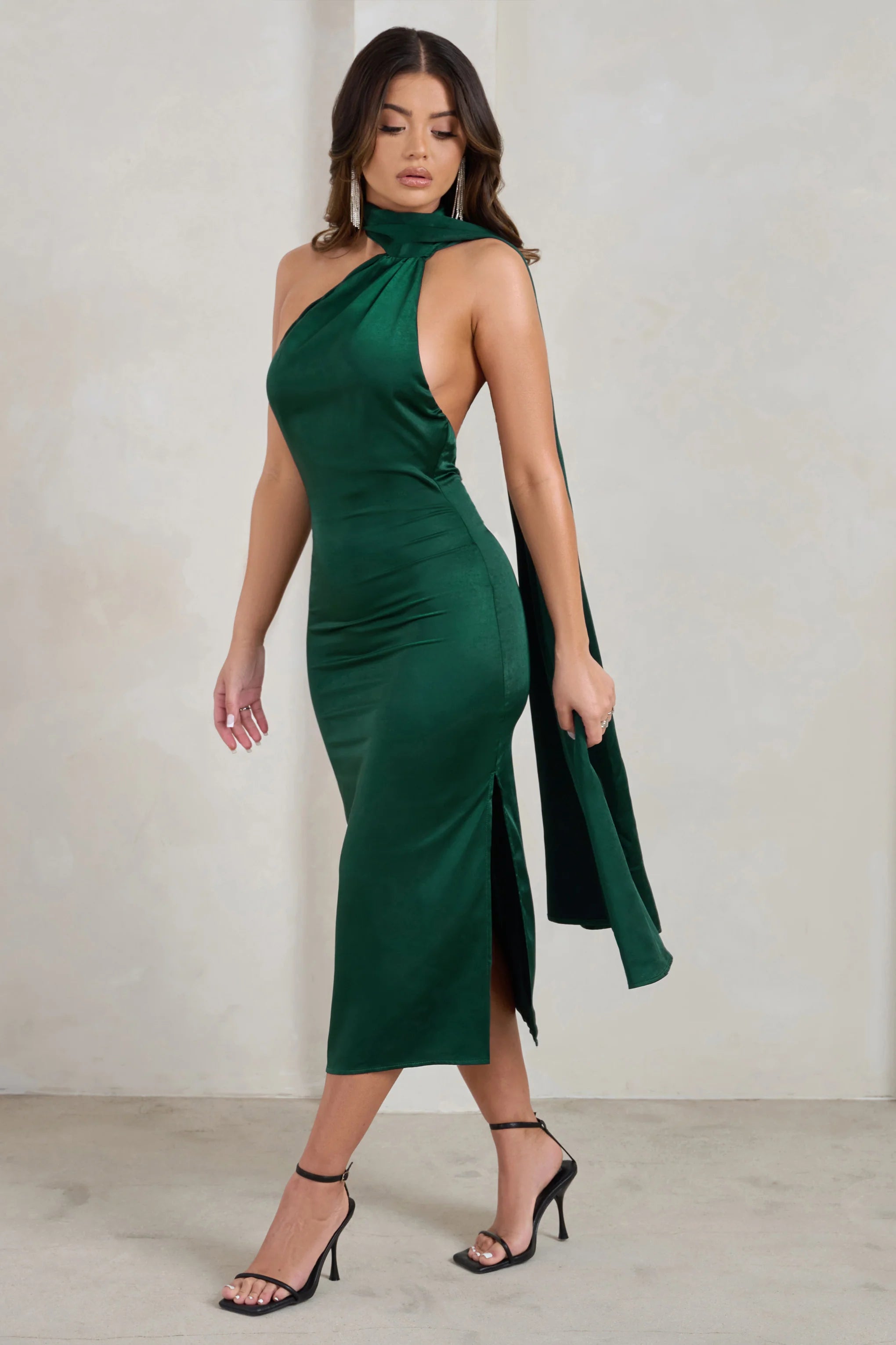 Madame | Bottle Green Satin Asymmetric Scarf Neck Backless Midi Dress