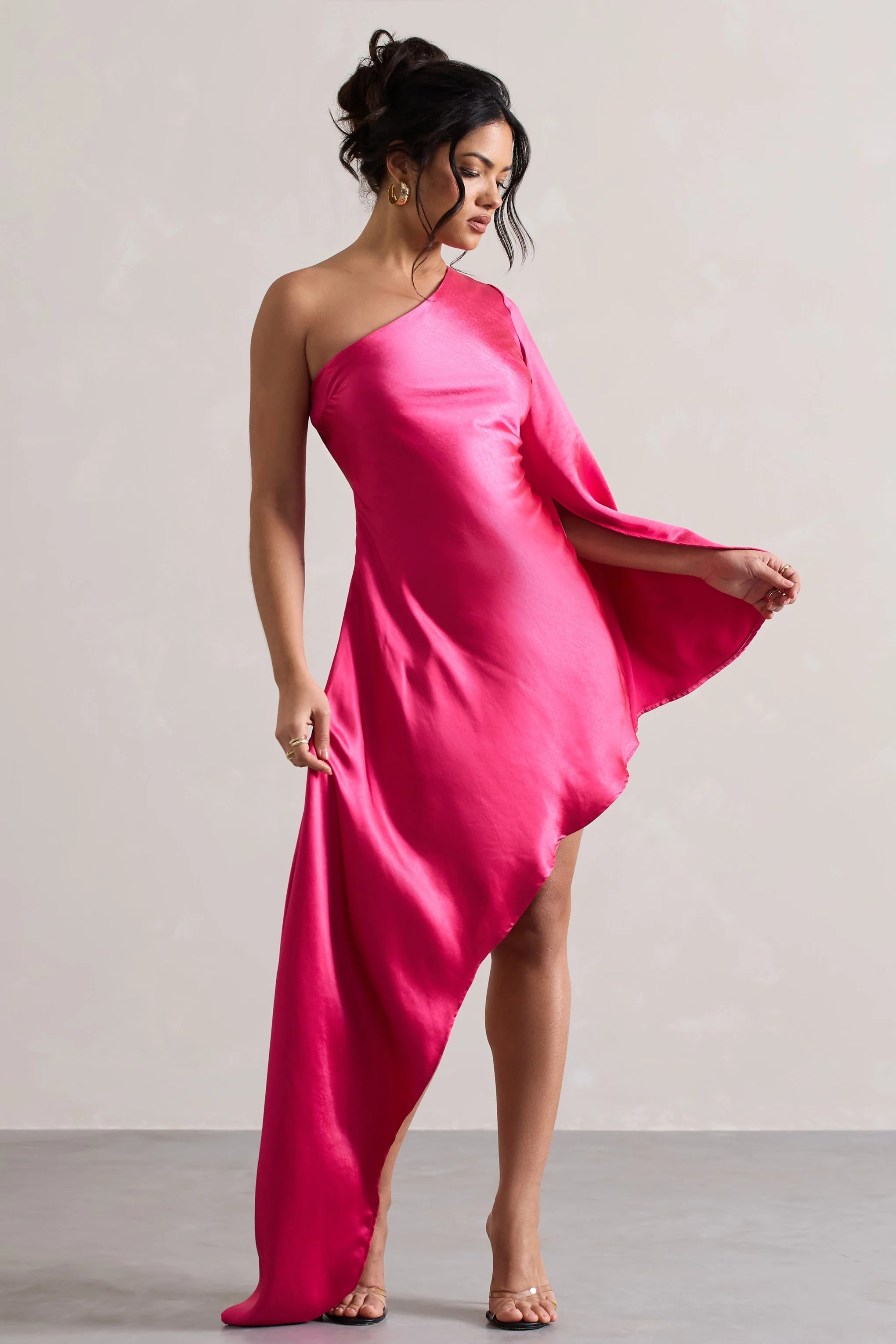 Hanna | Hot Pink One Shoulder Asymmetric Draped Satin Mini Dress