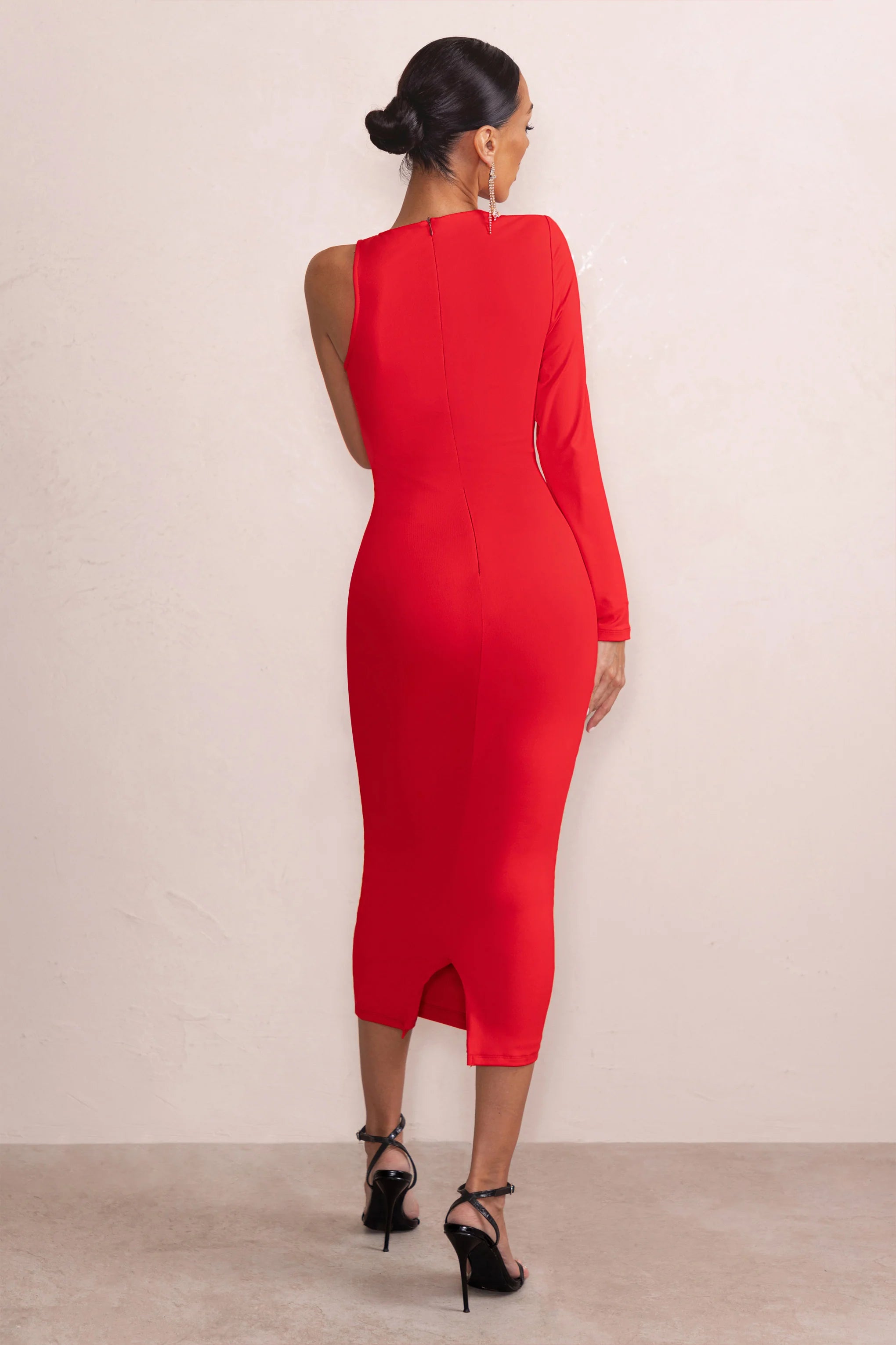 Marya | Red High Neck Asymmetric Mesh Detail Bodycon Midi Dress