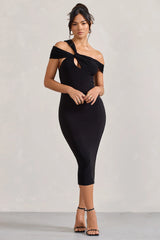 Chain Reaction | Black Strappy Asymmetric Bodycon Midi Dress