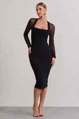 Off Track | Black Bodycon Midi Dress With Sheer Sleeves