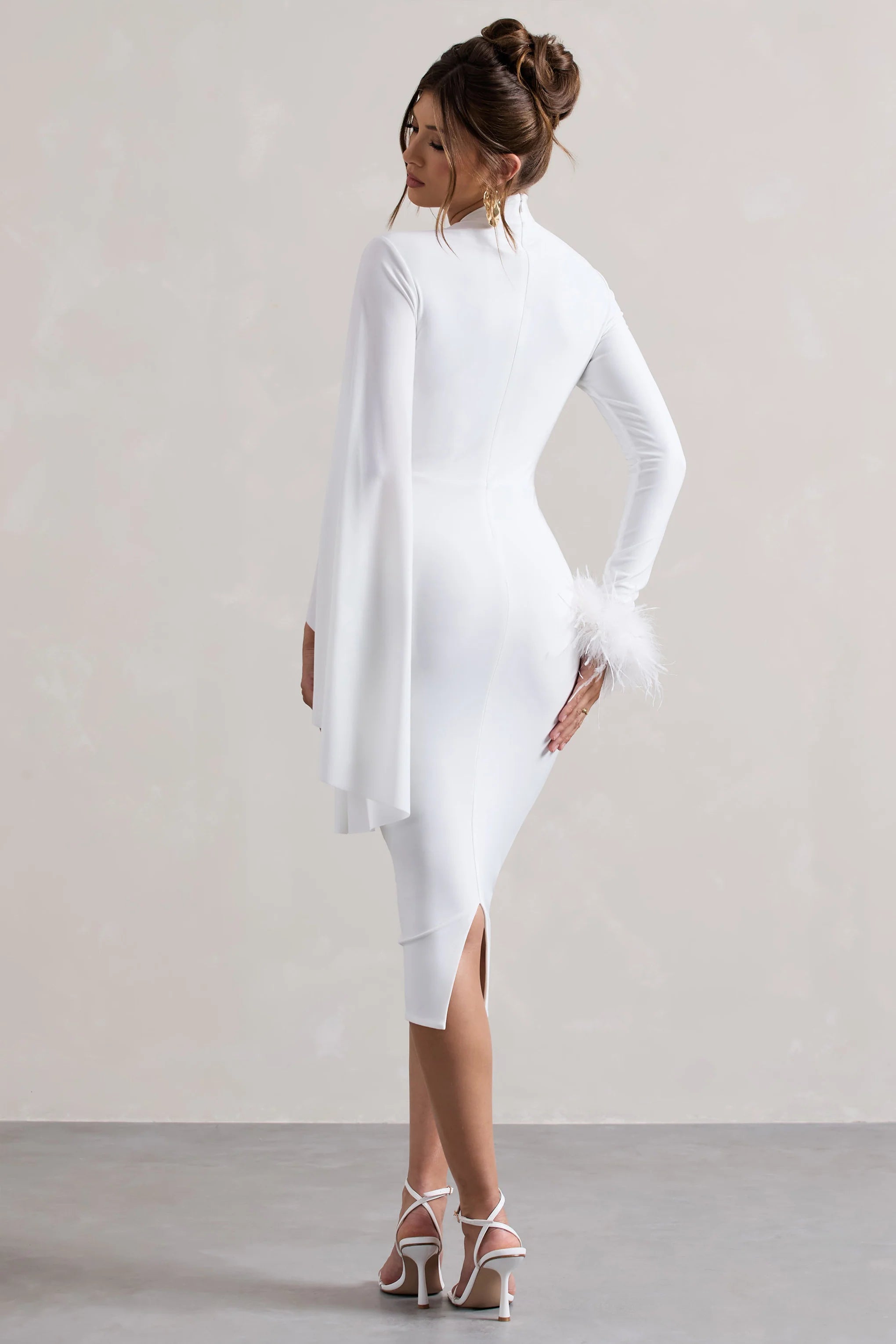 Tamika | White High-Neck Cape-Sleeve Midi Dress With Feathers