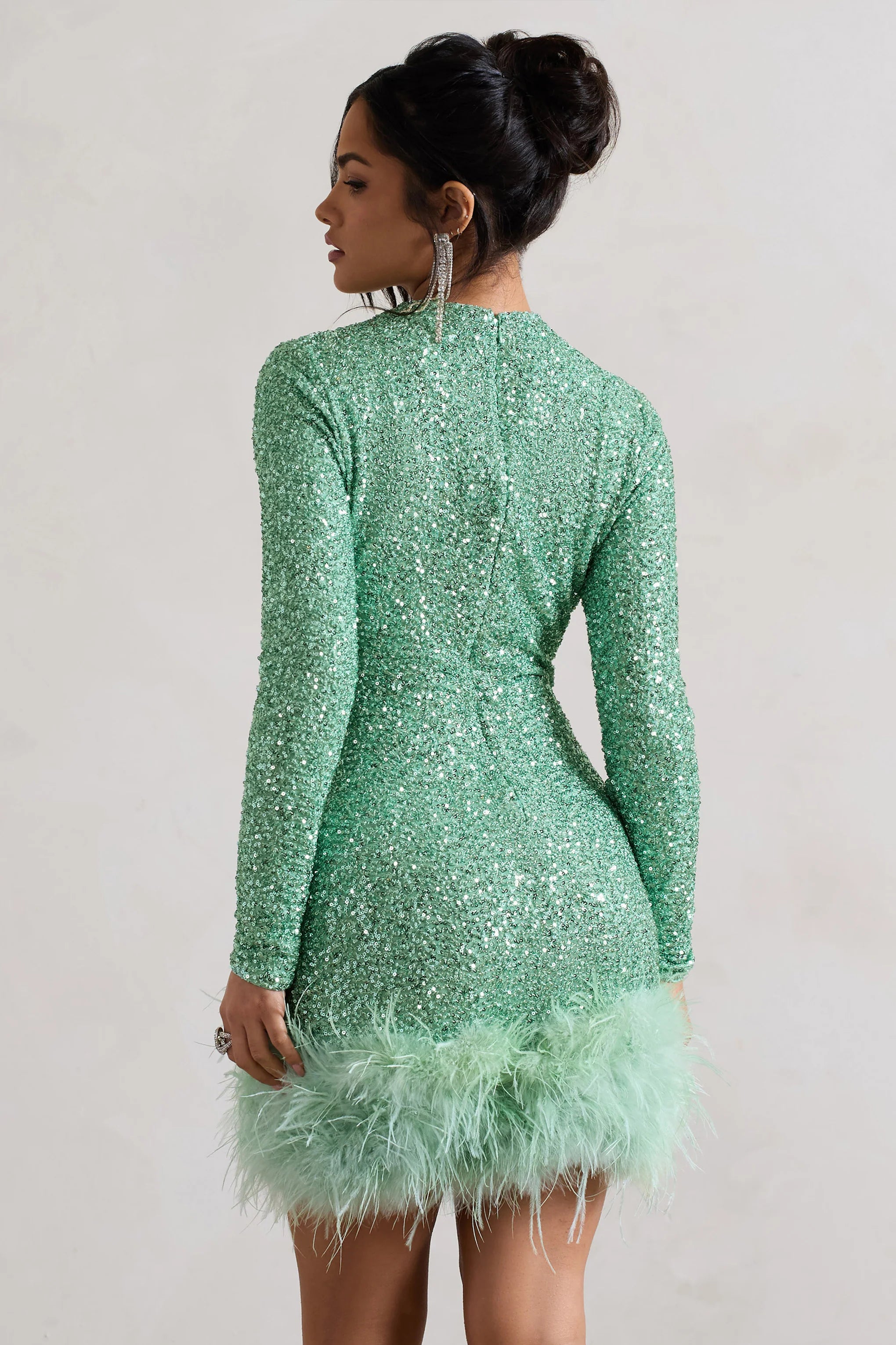 Claudia | Mint Sequin High Neck Feather Hem Mini Dress With Long Sleeves