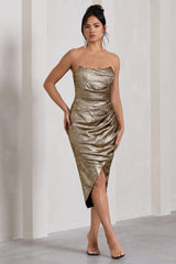 Blizzard | Gold Metallic Corset Wrap Midi Dress