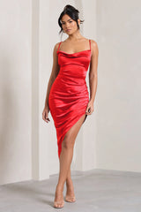 Risk It All | Red Cami Cowl Neck Satin Asymmetric Hem Midi Dress