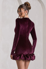 Claudine | Port Velvet Long-Sleeved Ruffled Mini Dress