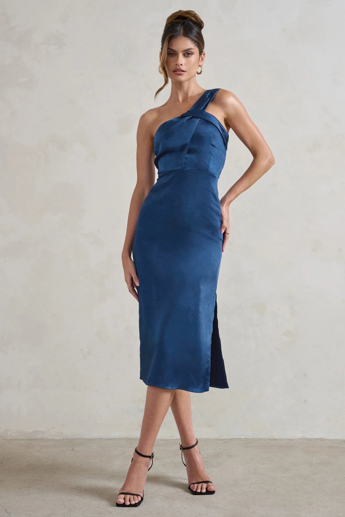 Steffie | Navy Asymmetric Satin Midi Dress