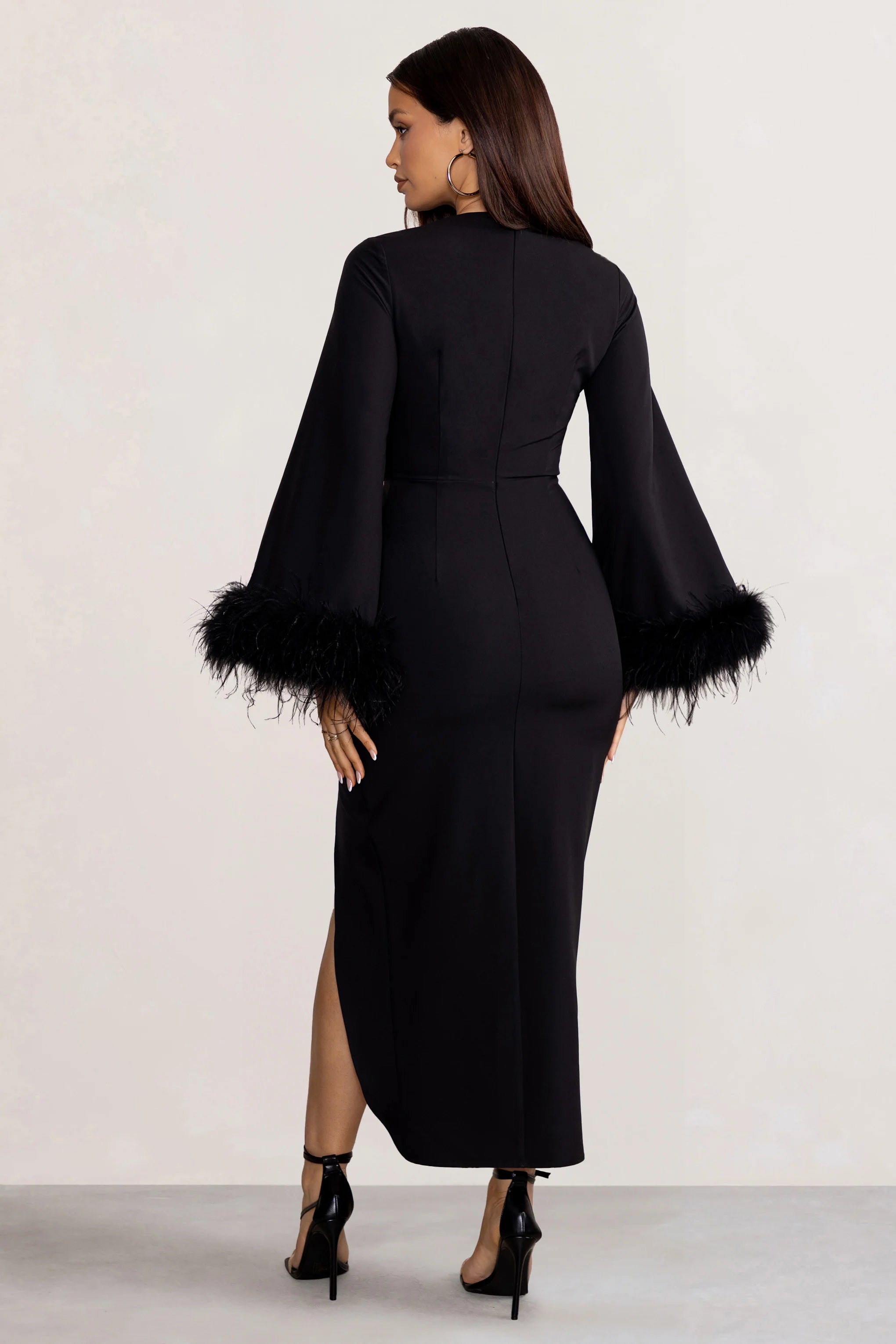 Jenna | Black Plunge Midi Dress with Feather Trim Wide Sleeves and Front Tie Drape