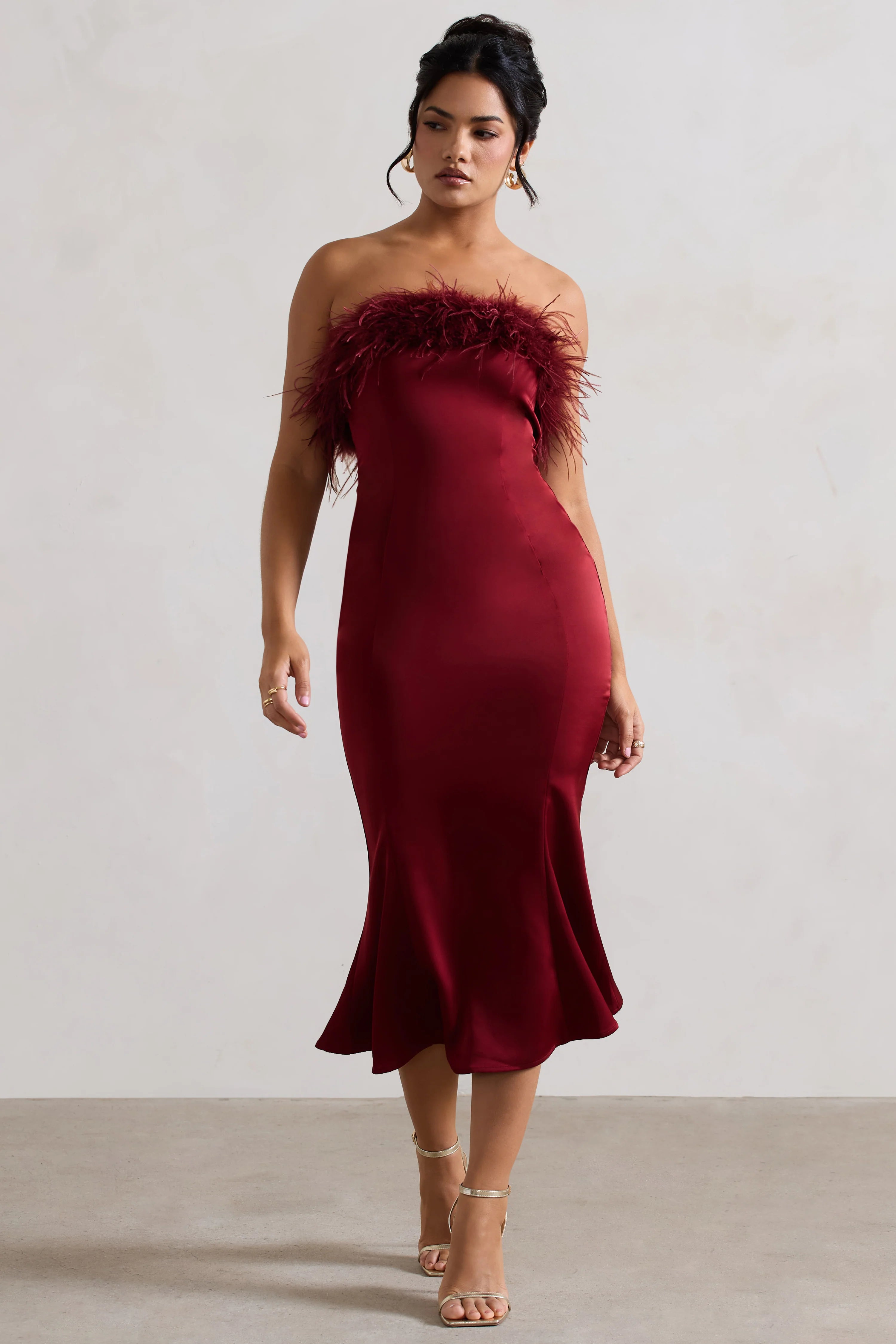 One And Only | Berry Satin Feather Trim Midi Dress