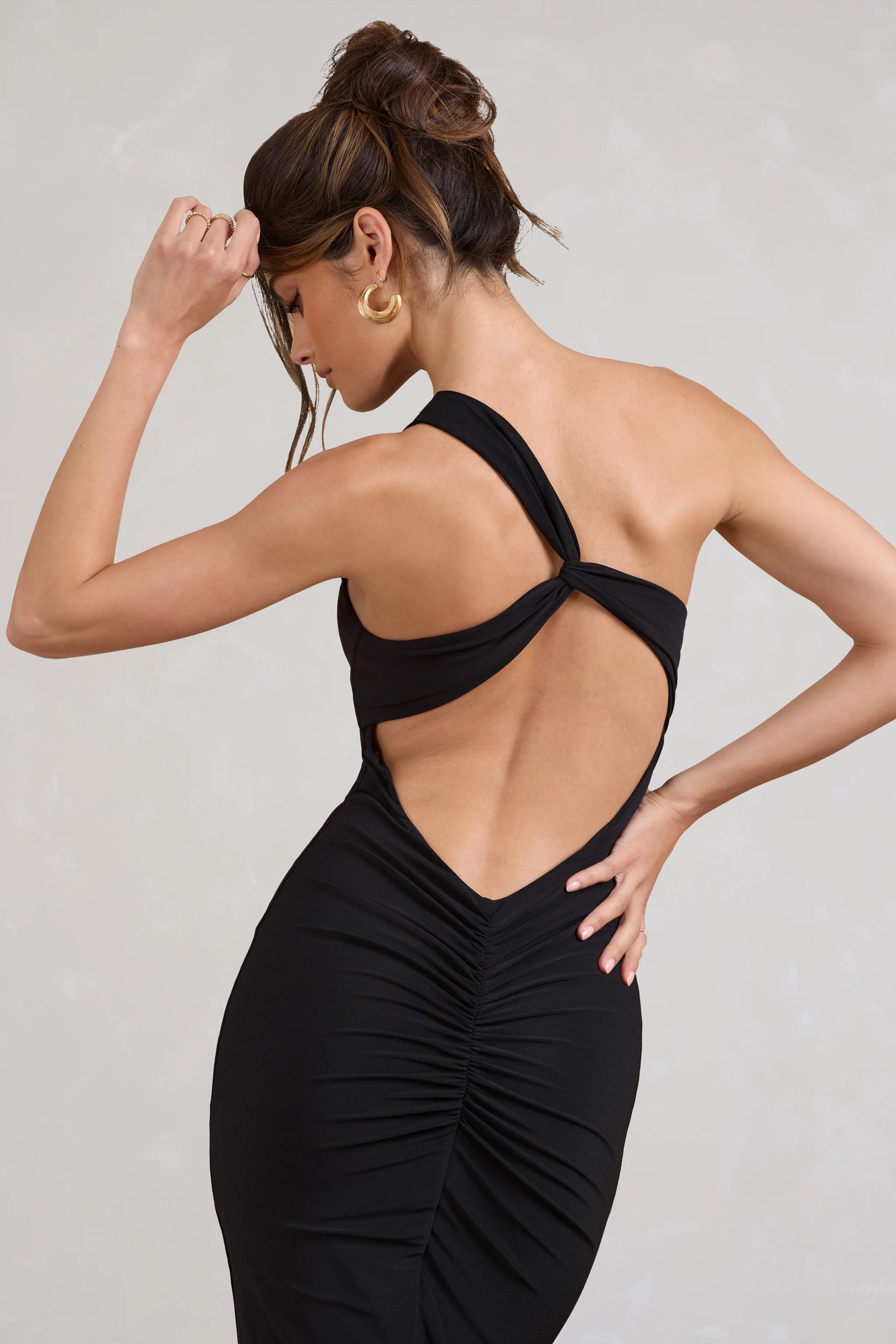 Vineyard | Black Asymmetric Backless Bodycon Midi Dress