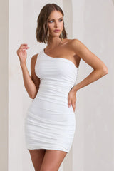 Onyx | White Ruched One Shoulder Mini Dress