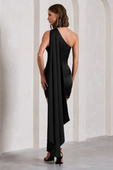 Natalie | Black Satin One Shoulder Mini Dress With Scarf Detail