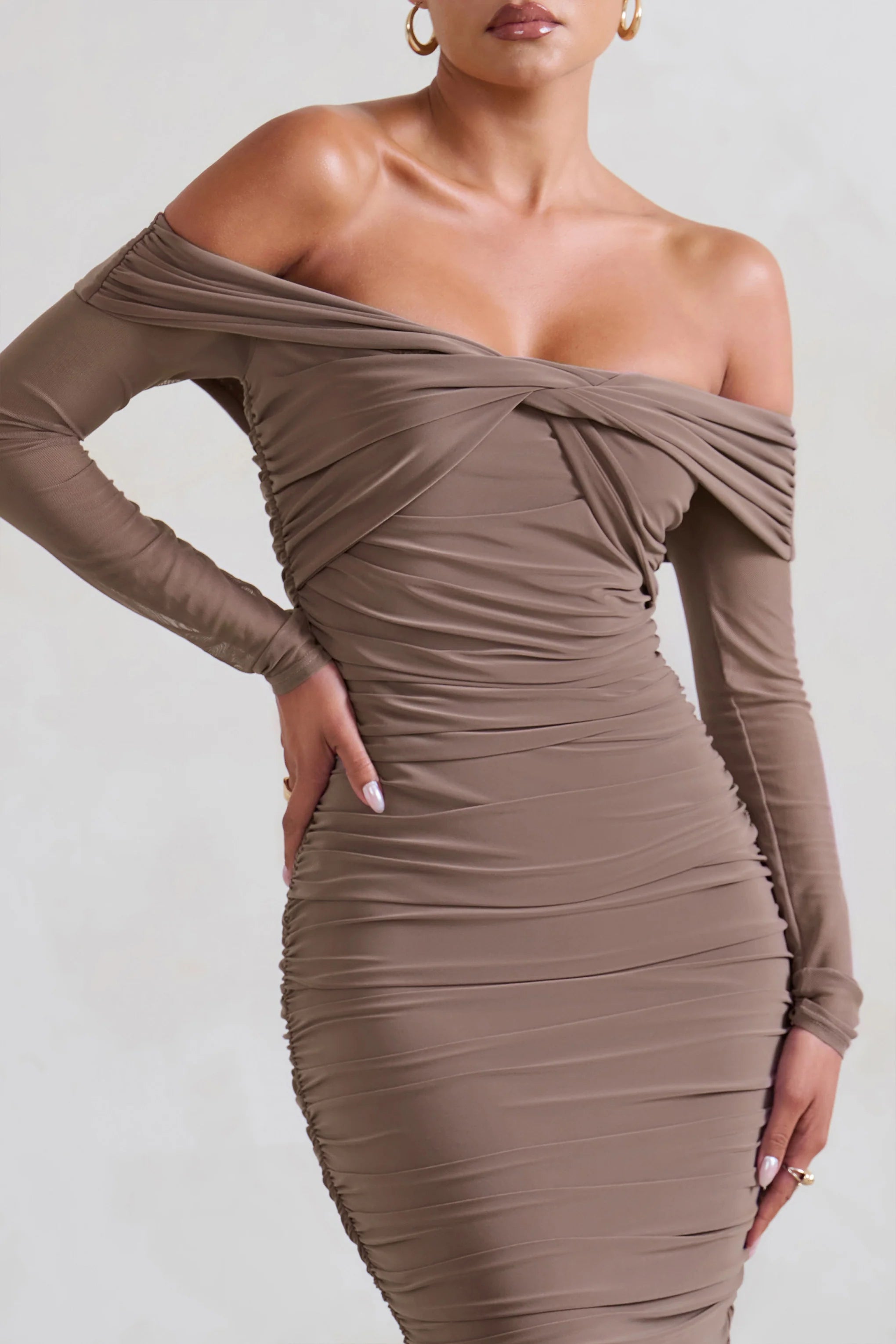 Neva | Mocha Bardot Twist Midi Dress